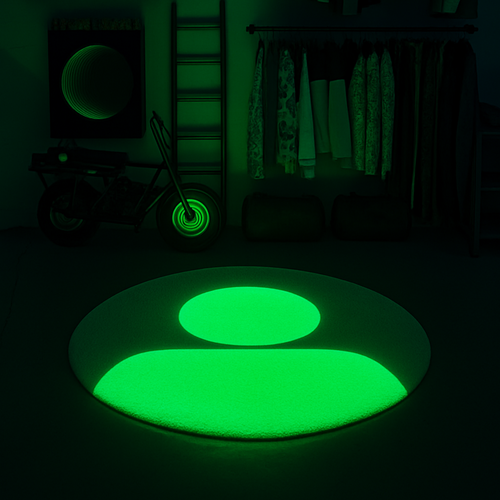 Glowing green floor mat in a dark room with surfboards and a ladder.