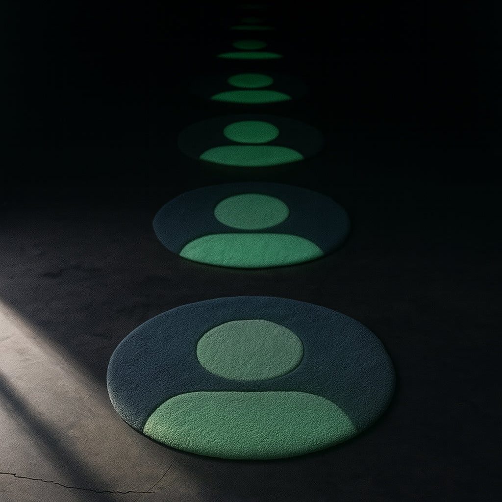 Green and blue circular rugs arranged in a dark room with a light source casting shadows.